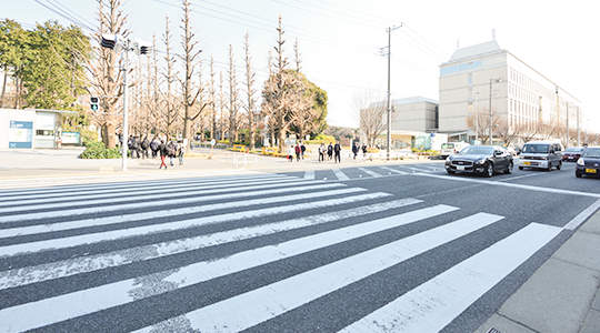 横断歩道を渡って右へ進んで下さい。（慶應義塾大学の中には入りません）